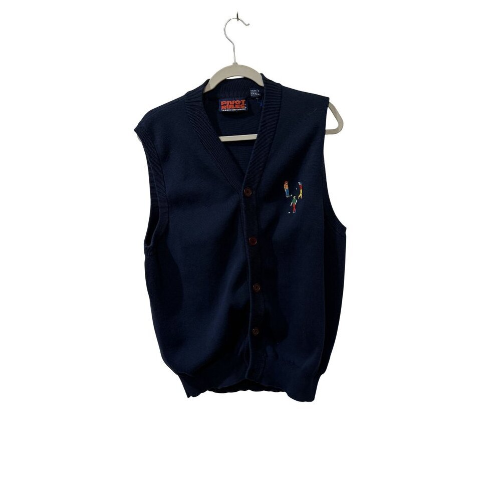 Pivot Rules Navy Blue Cotton Button-Up Sweater Vest With Embroidered Golfers XL